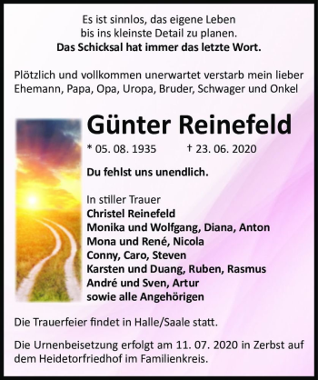 Traueranzeige von Günter Reinefeld  von Magdeburger Volksstimme