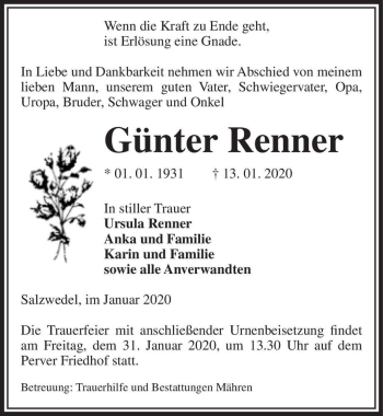 Traueranzeige von Günter Renner  von Magdeburger Volksstimme