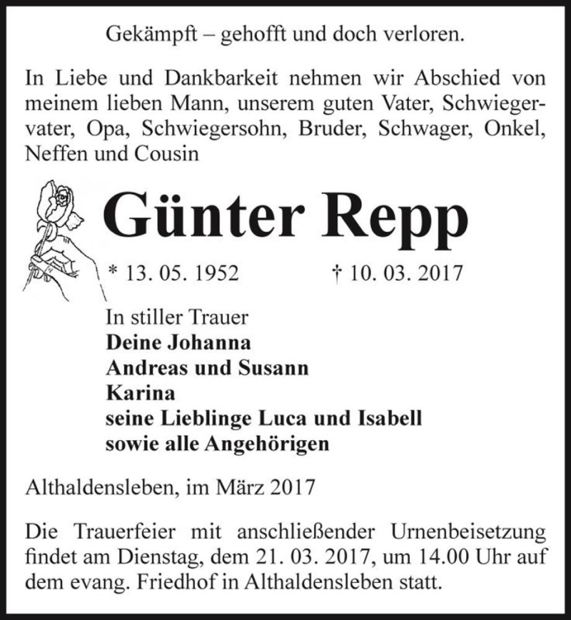  Traueranzeige für Günter Repp  vom 15.03.2017 aus Magdeburger Volksstimme