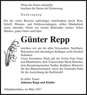Traueranzeige von Günter Repp  von Magdeburger Volksstimme