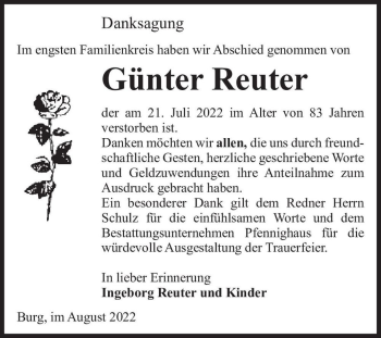 Traueranzeige von Günter Reuter  von Magdeburger Volksstimme