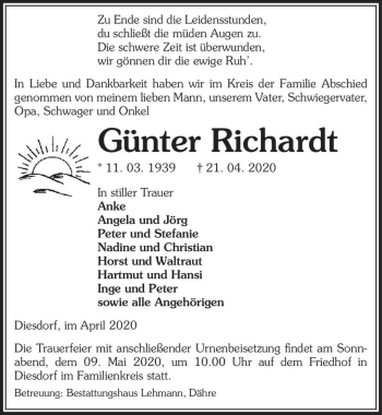 Traueranzeige von Günter Richardt  von Magdeburger Volksstimme