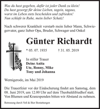 Traueranzeige von Günter Richardt  von Magdeburger Volksstimme