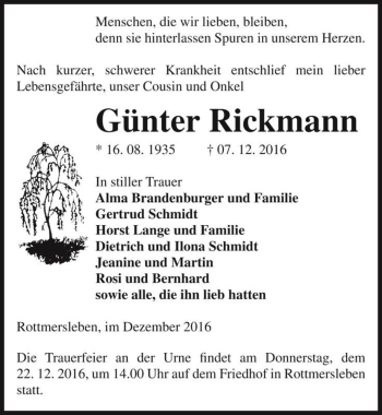 Traueranzeige von Günter Rickmann  von Magdeburger Volksstimme
