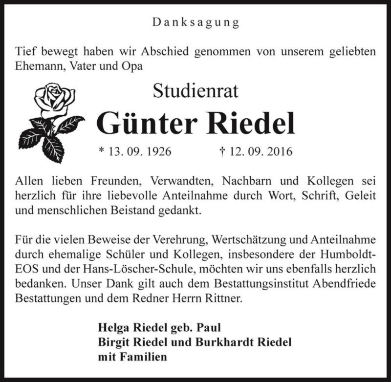  Traueranzeige für Günter Riedel  vom 24.09.2016 aus Magdeburger Volksstimme