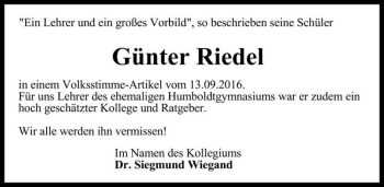 Traueranzeige von Günter Riedel  von Magdeburger Volksstimme