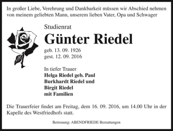 Traueranzeige von Günter Riedel  von Magdeburger Volksstimme
