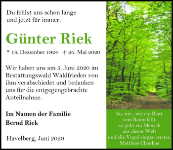 Traueranzeige von Günter Riek  von Magdeburger Volksstimme