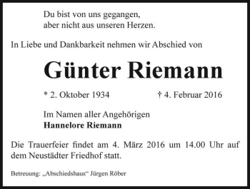 Traueranzeige von Günter Riemann  von Magdeburger Volksstimme