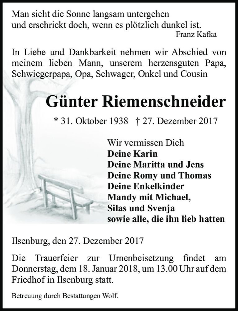 Traueranzeige für Günter Riemenschneider  vom 30.12.2017 aus Magdeburger Volksstimme