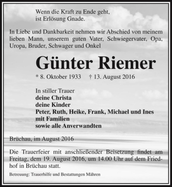 Traueranzeige von Günter Riemer  von Magdeburger Volksstimme