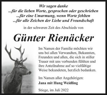 Traueranzeige von Günter Rienäcker  von Magdeburger Volksstimme