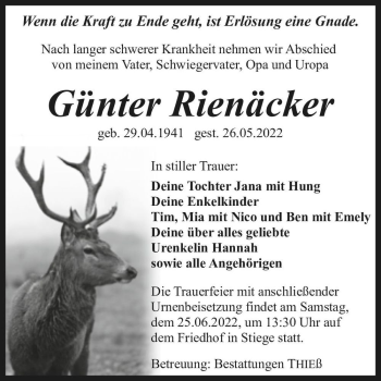 Traueranzeige von Günter Rienäcker  von Magdeburger Volksstimme