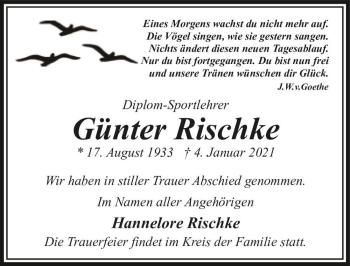Traueranzeige von Günter Rischke  von Magdeburger Volksstimme