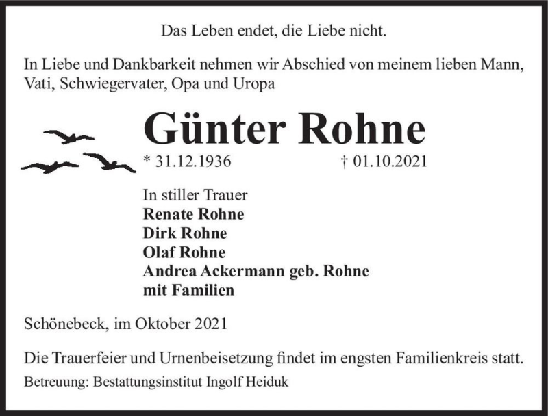  Traueranzeige für Günter Rohne  vom 16.10.2021 aus Magdeburger Volksstimme