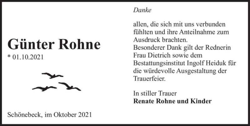  Traueranzeige für Günter Rohne  vom 30.10.2021 aus Magdeburger Volksstimme