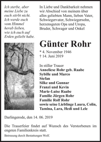 Traueranzeige von Günter Rohr  von Magdeburger Volksstimme