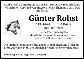 Traueranzeige von Günter Rohst  von Magdeburger Volksstimme