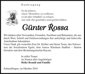 Traueranzeige von Günter Rossa  von Magdeburger Volksstimme