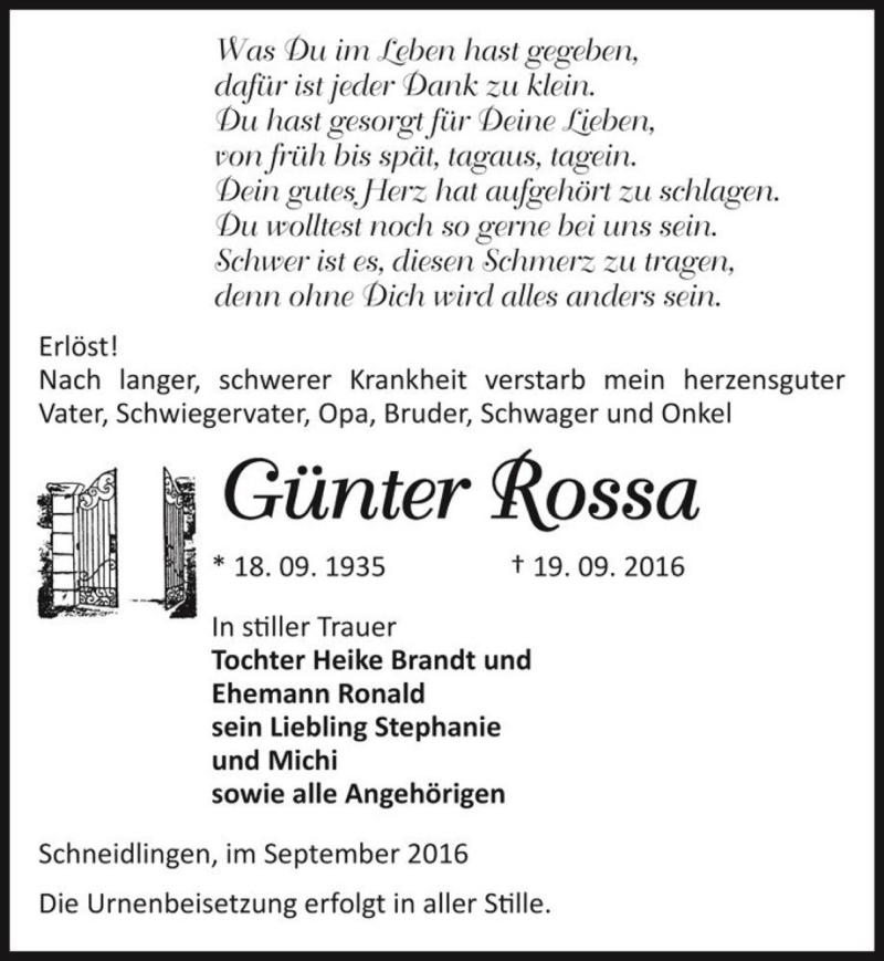  Traueranzeige für Günter Rossa  vom 23.09.2016 aus Magdeburger Volksstimme