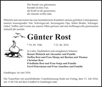 Traueranzeige von Günter Rost  von Magdeburger Volksstimme