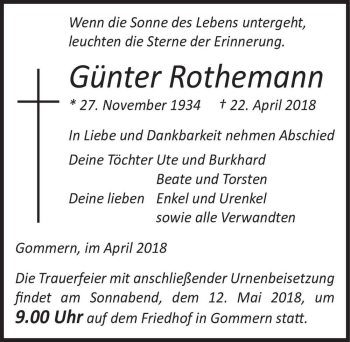 Traueranzeige von Günter Rothemann  von Magdeburger Volksstimme