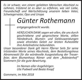 Traueranzeige von Günter Rothemann  von Magdeburger Volksstimme