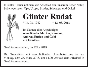 Traueranzeige von Günter Rudat  von Magdeburger Volksstimme