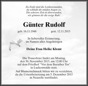 Traueranzeige von Günter Rudolf  von Magdeburger Volksstimme
