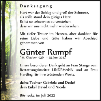Traueranzeige von Günter Rumpf  von Magdeburger Volksstimme