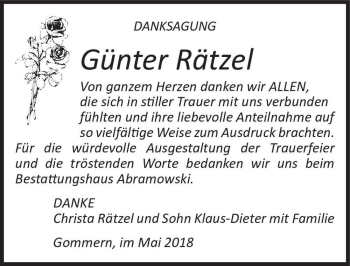 Traueranzeige von Günter Rätzel  von Magdeburger Volksstimme