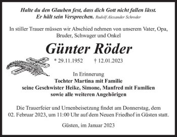 Traueranzeige von Günter Röder  von Magdeburger Volksstimme