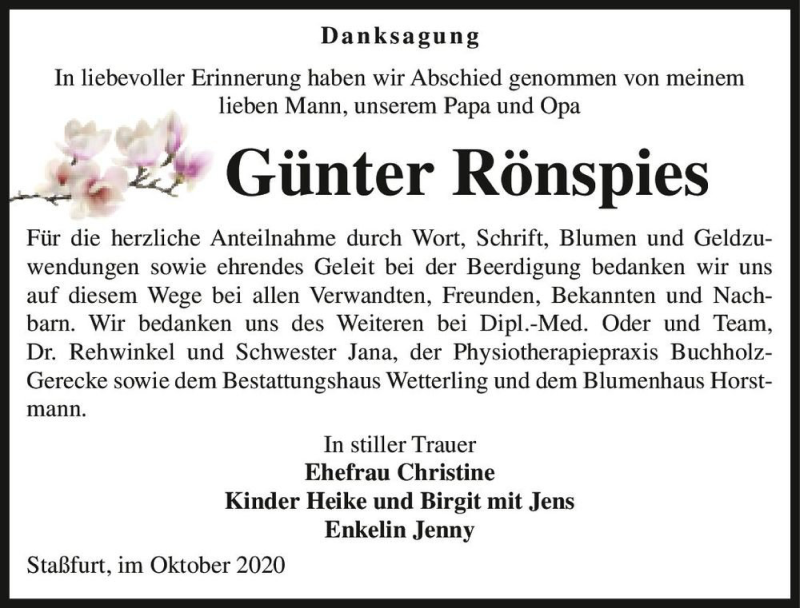  Traueranzeige für Günter Rönspies  vom 24.10.2020 aus Magdeburger Volksstimme
