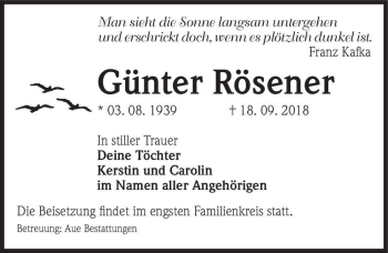 Traueranzeige von Günter Rösener  von Magdeburger Volksstimme