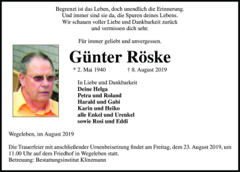 Traueranzeige von Günter Röske  von Magdeburger Volksstimme