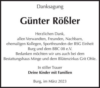 Traueranzeige von Günter Rößler  von Magdeburger Volksstimme