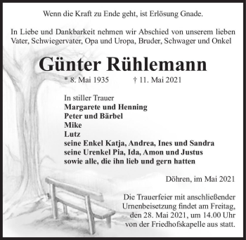 Traueranzeige von Günter Rühlemann  von Magdeburger Volksstimme