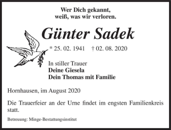 Traueranzeige von Günter Sadek  von Magdeburger Volksstimme