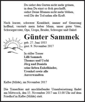Traueranzeige von Günter Sammek  von Magdeburger Volksstimme