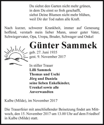 Traueranzeige von Günter Sammek  von Magdeburger Volksstimme