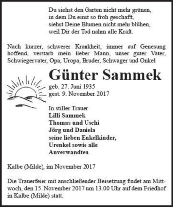 Traueranzeige von Günter Sammek  von Magdeburger Volksstimme