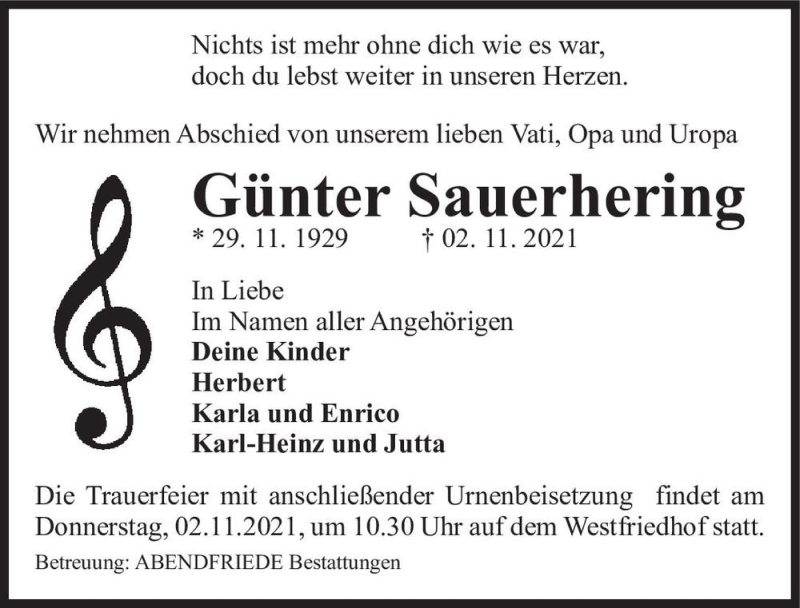  Traueranzeige für Günter Sauerhering  vom 13.11.2021 aus Magdeburger Volksstimme
