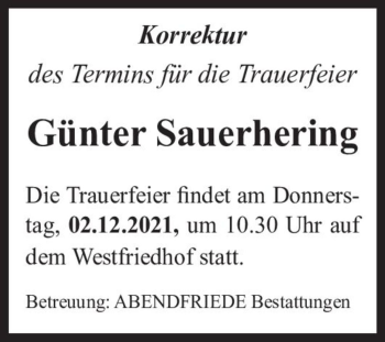 Traueranzeige von Günter Sauerhering  von Magdeburger Volksstimme
