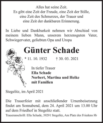 Traueranzeige von Günter Schade  von Magdeburger Volksstimme
