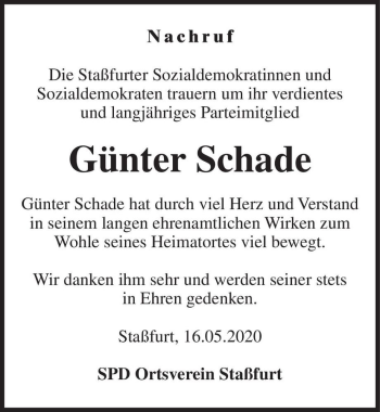 Traueranzeige von Günter Schade  von Magdeburger Volksstimme