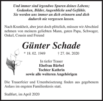 Traueranzeige von Günter Schade  von Magdeburger Volksstimme