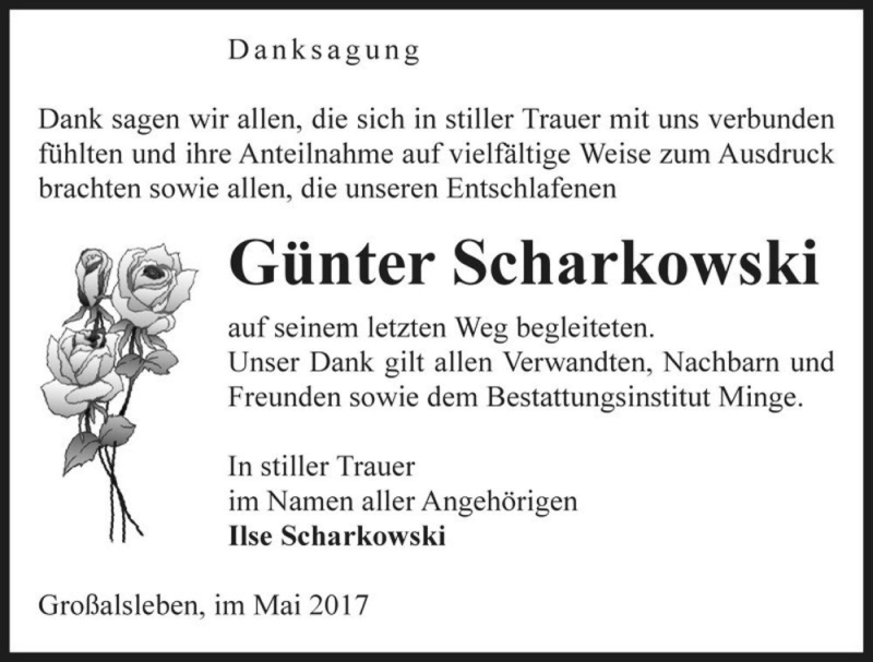  Traueranzeige für Günter Scharkowski  vom 17.05.2017 aus Magdeburger Volksstimme