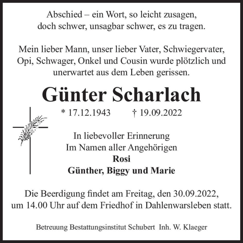  Traueranzeige für Günter Scharlach  vom 24.09.2022 aus Magdeburger Volksstimme