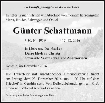 Traueranzeige von Günter Schattmann  von Magdeburger Volksstimme