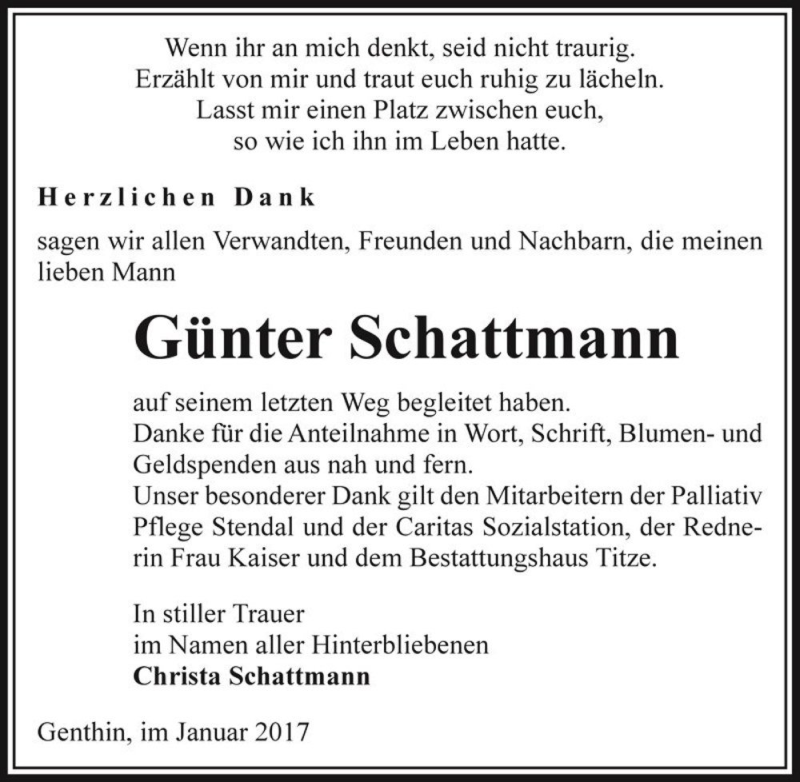  Traueranzeige für Günter Schattmann  vom 07.01.2017 aus Magdeburger Volksstimme